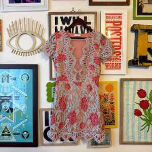 Storia/Anthropologie Pink and Blue Lace Mini Dress